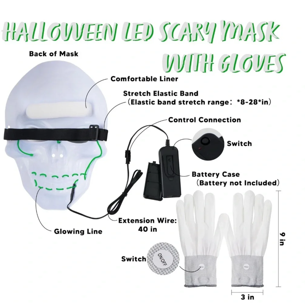NWT JOYIN Halloween LED Skull Mask & Light Up‎ Gloves Set Green Glow Cosplay